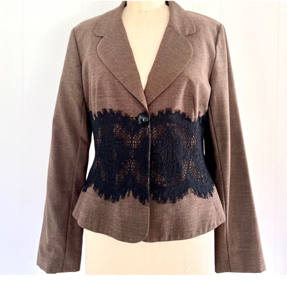 Designer Jacket in Brown & Black Lace Accent L - NWOT